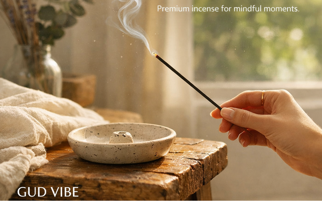 Person lighting an incense stick over a bowl with smoke, in a serene setting.